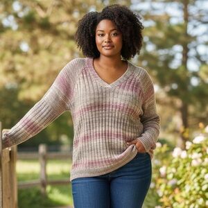 Napa Valley Sweater‎ Tan/Pink Striped V-Neck in Size 2X  NWT